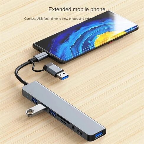 موزع USB C 8 في 2، موزع توسيع USB 3.0 متعدد المنافذ مع قارئ بطاقة SD TF، منافذ USB 2.0 من النوع C، موصلات صوت 3.5 مم، محول موزع متعدد المنافذ لجهاز MacBook Air Pro Galaxy in Kuwait