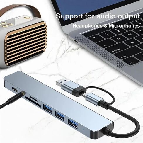 موزع USB C 8 في 2، موزع توسيع USB 3.0 متعدد المنافذ مع قارئ بطاقة SD TF، منافذ USB 2.0 من النوع C، موصلات صوت 3.5 مم، محول موزع متعدد المنافذ لجهاز MacBook Air Pro Galaxy in Kuwait