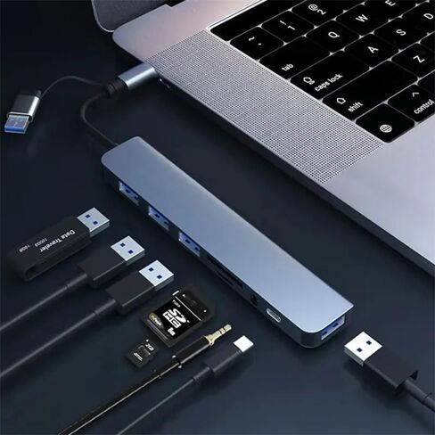 موزع USB C 8 في 2، موزع توسيع USB 3.0 متعدد المنافذ مع قارئ بطاقة SD TF، منافذ USB 2.0 من النوع C، موصلات صوت 3.5 مم، محول موزع متعدد المنافذ لجهاز MacBook Air Pro Galaxy in Kuwait