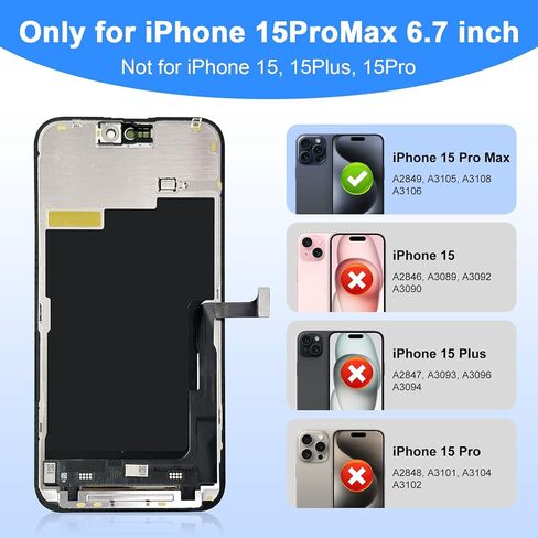 قطعة بديلة لشاشة iPhone 15 Pro Max LCD مقاس 6.7 بوصة - محول رقمي يعمل باللمس مع أدوات إصلاح، متوافق مع الموديلات (A2994، A2995، A2996، A2997) in Kuwait