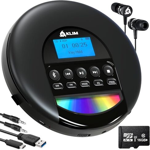 KLIM Nomad Portable CD Player with Long-Lasting Battery - with Headphones - Radio FM - Compatible MP3 CD Player Portable - 16GB TF Card - Radio FM Bluetooth - Ideal for Cars - Black in Kuwait