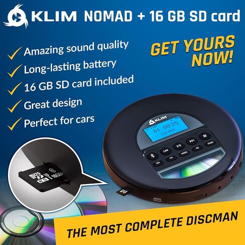 KLIM Nomad Portable CD Player with Long-Lasting Battery - with Headphones - Radio FM - Compatible MP3 CD Player Portable - 16GB TF Card - Radio FM Bluetooth - Ideal for Cars - Black in Kuwait