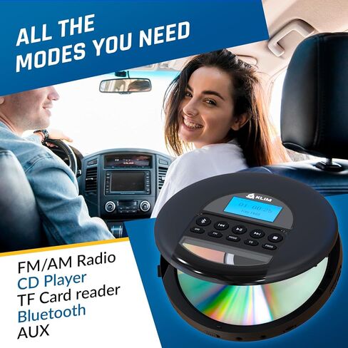 KLIM Nomad Portable CD Player with Long-Lasting Battery - with Headphones - Radio FM - Compatible MP3 CD Player Portable - 16GB TF Card - Radio FM Bluetooth - Ideal for Cars - Black in Kuwait