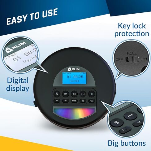 KLIM Nomad Portable CD Player with Long-Lasting Battery - with Headphones - Radio FM - Compatible MP3 CD Player Portable - 16GB TF Card - Radio FM Bluetooth - Ideal for Cars - Black in Kuwait