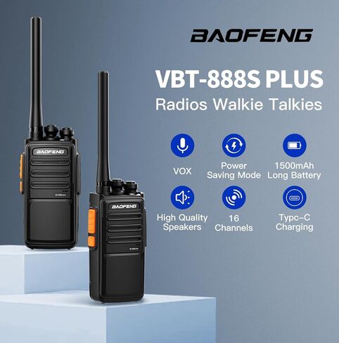 راديو BAOFENG VBT-888S Plus 2 حزمة طويلة المدى لاسلكي تخاطب قناة قابلة لإعادة الشحن 16 جهاز راديو محمول ثنائي الاتجاه للبالغين مع بطارية شحن 1500 مللي أمبير في الساعة Typc-C للمدرسة، الكنيسة، الرحلات البحرية in Kuwait