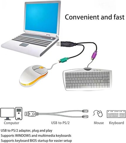USB to Dual PS/2 Cable Computer Accessories, PS/2 to USB Adapter Converter Compatible with PS2 Keyboard and Mouse (18.5CM) in Kuwait