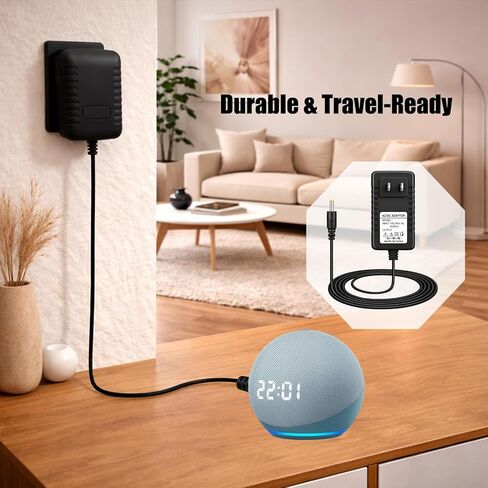 محول طاقة 15 وات متوافق مع Echo Pop، Dot 5th/4th/3rd Gen، إصدار الأطفال، مكعب التلفزيون، Echo Show 5، سلك شاحن بديل لمكبر الصوت الذكي 12 فولت 1.25 أمبير، 6.6 قدم، أسود in Kuwait