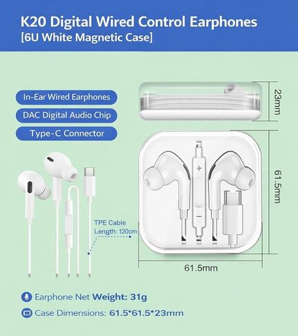 سماعات أذن سلكية USB-C مع ميكروفون، سماعات أذن هاي فاي عازلة للضوضاء من النوع C مع التحكم في مستوى الصوت وإلغاء الضوضاء ستيريو لهاتف iPhone 17 Pro Max Air 16 16e 15 Pixel 10 9a، أبيض in Kuwait