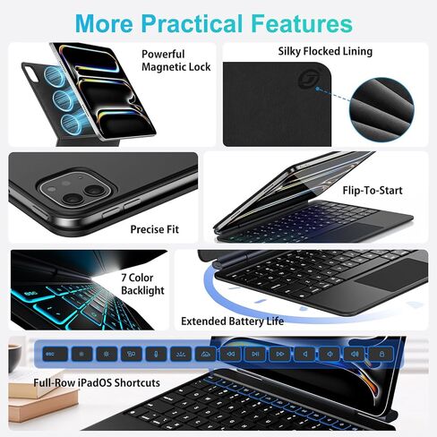 Jibrealg Magic Keyboard for iPad Pro 11 Inch (M4 2024 / M5 2025), Lightweight Keyboard Case with Multi-Touch Trackpad, 7 Colors Backlight, Ultra-Slim Smart Keyboard for iPad Pro 11 M4 / M5, Black in Kuwait