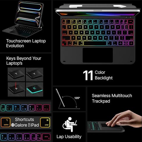 حافظة لوحة مفاتيح Typecase Edge لجهاز iPad Pro 11 بوصة (M4) 2024، لوحة مفاتيح سحرية مع إضاءة خلفية 11 لونًا لجهاز iPad Pro 11، حافظة لوحة مفاتيح مع حامل أقلام رصاص، لوحة تتبع متعددة اللمس، حامل مغناطيسي سهل الضبط، أسود in Kuwait