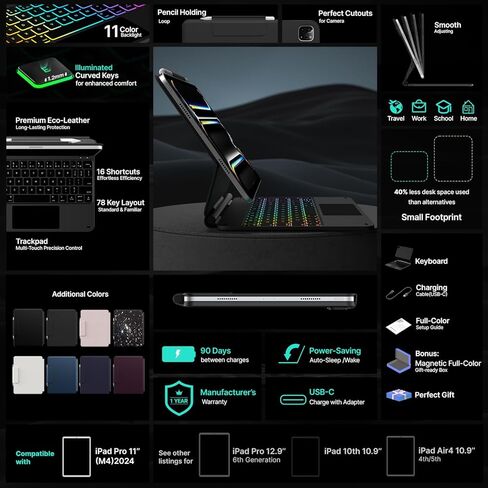 حافظة لوحة مفاتيح Typecase Edge لجهاز iPad Pro 11 بوصة (M4) 2024، لوحة مفاتيح سحرية مع إضاءة خلفية 11 لونًا لجهاز iPad Pro 11، حافظة لوحة مفاتيح مع حامل أقلام رصاص، لوحة تتبع متعددة اللمس، حامل مغناطيسي سهل الضبط، أسود in Kuwait