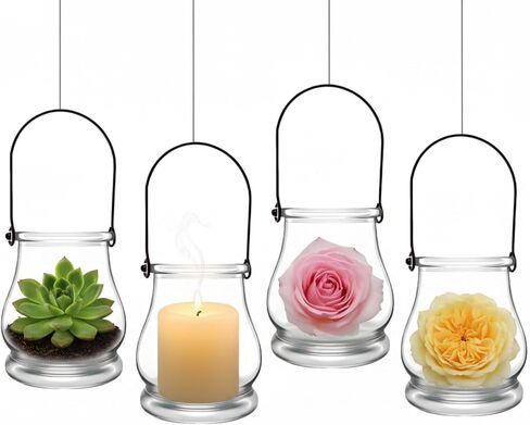 4pcs Hanging Glass Tealight Holder:Clear Hanging Candle Holder Air Plant Succulent Vase Hanger for Wedding, Indoor Outdoor House Decor Globe Tealight Holder Vintage Home Decor in Saudi Arabia