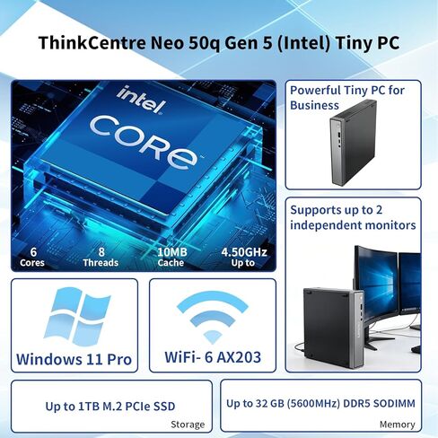 كمبيوتر مكتبي لينوفو ثينك سنتر نيو بيزنس ميني، انتل كور i3-1315U، ذاكرة DDR5 سعة 16 جيجا، محرك أقراص SSD سعة 1 تيرابايت، نظام تشغيل Windows 11 Pro in Kuwait
