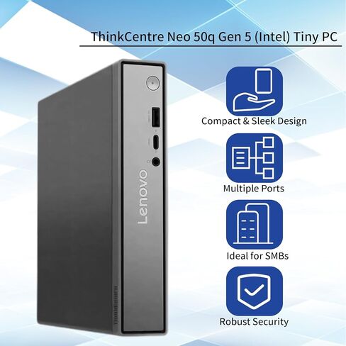 كمبيوتر مكتبي لينوفو ثينك سنتر نيو بيزنس ميني، انتل كور i3-1315U، ذاكرة DDR5 سعة 16 جيجا، محرك أقراص SSD سعة 1 تيرابايت، نظام تشغيل Windows 11 Pro in Kuwait