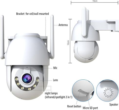 HD1080P Security Camera Outdoor PTZ 360° View 2.4G WiFi Auto Tracking Detection N Alert Supports 8-256G Card/Cloud Storage,2 Way Audio,Color Night,No Adapter in Kuwait