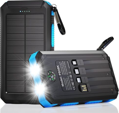 Durecopow Solar Charger Power Bank 20,000mAh, Portable Charger, 4 Cables 3 Ports Fast Charging External Battery Pack with USB C for Cell Phones, Solar Panel Charger with Dual Flashlight for Camping in Kuwait