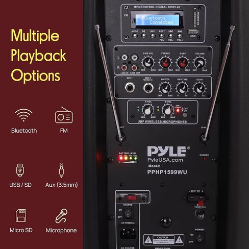 نظام سماعات Pyle Karaoke المحمول PA - مكبر صوت متوافق مع بلوتوث بقوة 1600 وات، بطارية قابلة لإعادة الشحن، عجلات سهلة الحمل، USB MP3 RCA، راديو FM، 2 ميكروفون UHF، جهاز تحكم عن بعد - Pyle PPHP1599WU in Kuwait