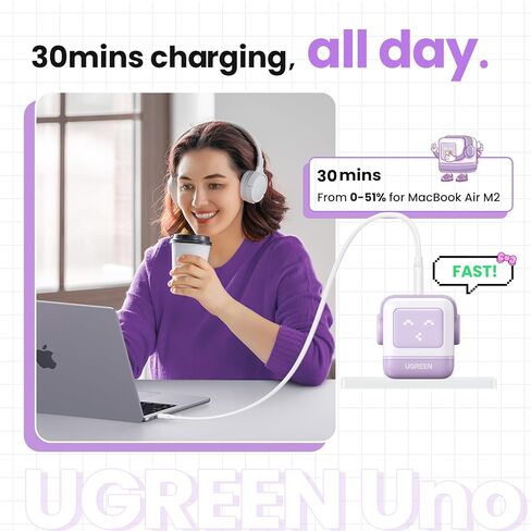 شاحن UGREEN GaN بقدرة 65 واط + حزمة كابل USB-C إلى USB-C بقدرة 100 واط - وحدة شحن GaN عالية السرعة وكابل 100 واط لأجهزة الكمبيوتر المحمول والهاتف والكمبيوتر اللوحي in Kuwait