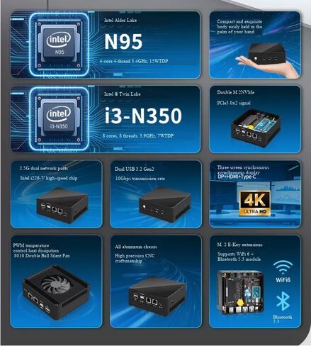 كمبيوتر صغير، Alder Lake N95 (يصل إلى 3.4 جيجا هرتز)، كمبيوتر صغير 8 جيجا DDR5 RAM 128 جيجا PCIe M.2 SSD، كمبيوتر مكتبي 4K DP+HDMI+Type-C/USB3.2/WiFi 6/Bluetooth/TF فتحة بطاقة/2.5 جيجابت RJ45 للمكتب المنزلي والأعمال in Kuwait