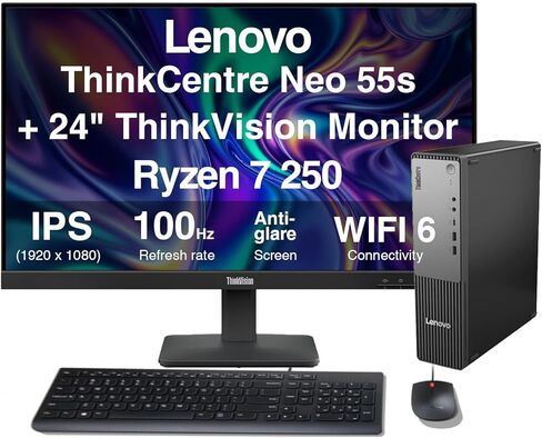 Lenovo ThinkCentre Neo 55s Business Mini Desktop (AMD Ryzen 7 250, AMD Radeon 780M, 16GB DDR5, 512GB PCIe SSD, WiFi 6, Bluetooth 5.4, 200W PSU, RJ-45, 1 Display Port, Win 11 Pro) w/S24-4e Monitor in Kuwait