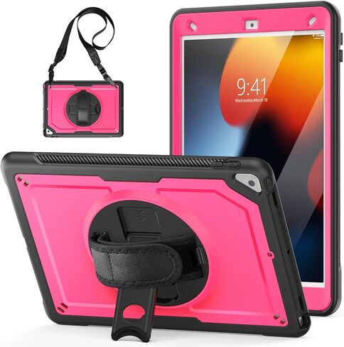 متوافق مع iPad Air الجيل الثالث 2019 / Pro 10.5 بوصة 2017 حافظة مقاومة للصدمات مع واقي شاشة، مسند قابل للدوران، حامل أقلام، حزام كتف وقبضة يد للأطفال (أحمر وردي) in Kuwait