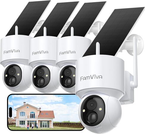 2K Solar Security Cameras Wireless Outdoor, 360°PTZ Battery Powered Cameras for Home Security, 2.4G WiFi Outdoor Camera with Color Night Vision, IP66 Waterproof, Motion Sensor Alarm, White-4P in Kuwait