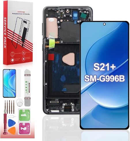 شاشة OLED لهاتف Samsung Galaxy S21 Plus 5G بديلة لشاشة Galaxy S21 Plus SM-G996B SM-G996U OLED مجموعة رقمية لشاشة تعمل باللمس مع أدوات (مع بصمة الإصبع، إطار أسود) in Kuwait