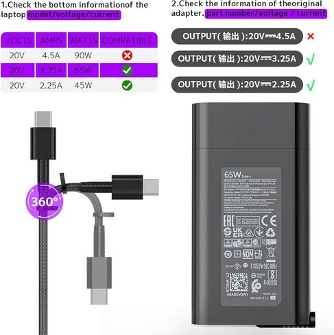 محول طاقة سريع 65 وات 45 وات مناسب لجهاز الكمبيوتر المحمول HP Spectre x360 Envy EliteBook، Pavilion ProBook ZBook Chromebook x360، Elite x2 Omnibook Slim Travel USB C شاحن تيار متردد (USB-C) (USB نوع C) in Kuwait