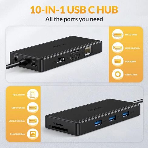 آيدسونيكس محول USB-C Hub متعدد (10 منافذ باللون الأسود)… in Kuwait