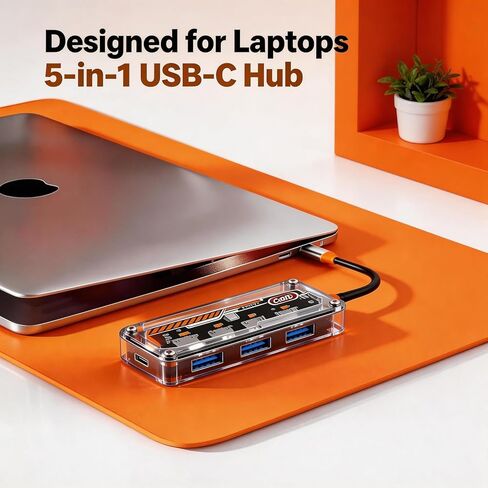【Transparent】 5-in-1 Type-C Docking Station,4X USB3.0 Hub Ports,USB-C PD,Plug&Play,OTG,5Gbps High Speed Data Transfer,Compatible with MacBook,iPhone,iPad,iMac,PC,Laptop,Surface,XPS,Dell,HP in Kuwait