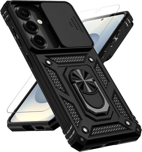 for Samsung Galaxy S26 Case, with Slide Camera Cover HD Screen Protector 360° Rotable Ring Holder Kickstand Military Grade Protection 15ft Drop Tested Protective Phone Case for Galaxy S26 (Black) in Kuwait