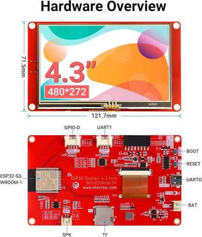 ELECROW ESP32 Display 480x272, 4.3 Inch HMI Basic Touch Screen SPI TFT LCD Touchscreen with Acrylic Case, 32-Bit LX7 Dual-Core Processor, Up to 240MHz, Compatible with Arduino, PlatformIO, MicroPython in Kuwait