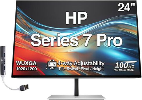 HP Series 7 Pro 24" WUXGA IPS Monitor with 5ms Response Time, Anti Glare, Flicker Free, Tilt, Swivel, Pivot, VESA Mount (100mm), Displayport, HDMI & Dockztorm USB Port Expander, Black/Silver Color in Kuwait
