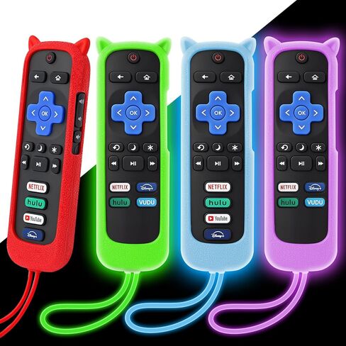 4 عبوات من غطاء جهاز التحكم عن بعد لـ Roku، حافظة جلدية من السيليكون متوافقة مع تلفزيون TCL Roku/Hisense/Streaming Stick/Express، وحدة تحكم مضادة للانزلاق ومضادة للصدمات، كم واقٍ يتوهج باللون الأخضر الداكن/الأزرق/الأرجواني/الأحمر in Kuwait