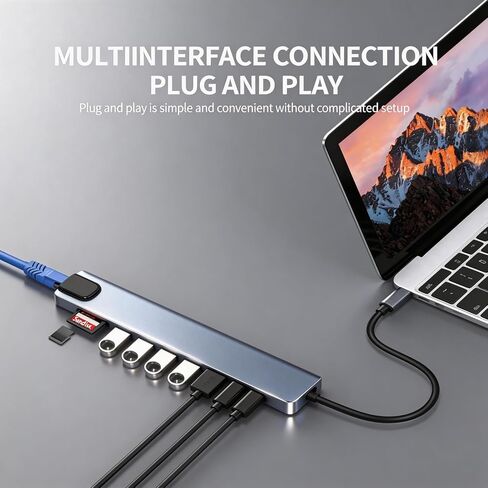 【10 في 1】 قاعدة توصيل USB-C، HDMI 4K@30 هرتز، RJ45، SD/TF، ​​100W PD، USB3.0، USB2.0x3، USB-C، OTG، التوصيل والتشغيل، نقل بيانات عالي السرعة 5 جيجابت في الثانية، متوافق مع MacBook، Surface، XPS، Dell، HP، Lenovo، الكمبيوتر الشخصي، الكمبيوتر المحمول، iPhon in Kuwait