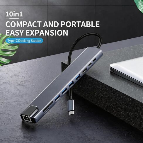 【10 في 1】 قاعدة توصيل USB-C، HDMI 4K@30 هرتز، RJ45، SD/TF، ​​100W PD، USB3.0، USB2.0x3، USB-C، OTG، التوصيل والتشغيل، نقل بيانات عالي السرعة 5 جيجابت في الثانية، متوافق مع MacBook، Surface، XPS، Dell، HP، Lenovo، الكمبيوتر الشخصي، الكمبيوتر المحمول، iPhon in Kuwait