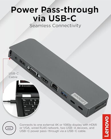 قاعدة شحن Lenovo 7 في 1 USB-C، محطة إرساء محمولة، 2 × USB-C، VGA، HDMI 4K، تدعم شاشة مزدوجة، منفذ إيثرنت، توصيل طاقة 65 وات، لأجهزة ThinkPad وLatitude وProBook وEliteBook وMacBook Laptop in Kuwait