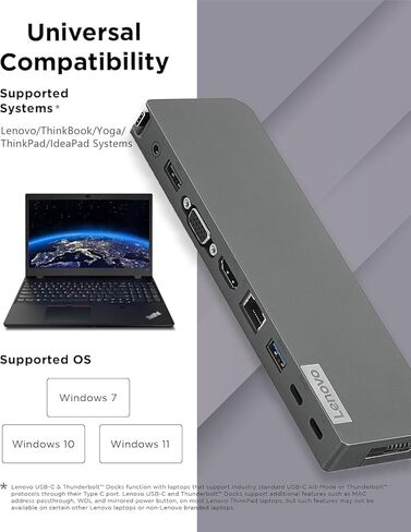 قاعدة شحن Lenovo 7 في 1 USB-C، محطة إرساء محمولة، 2 × USB-C، VGA، HDMI 4K، تدعم شاشة مزدوجة، منفذ إيثرنت، توصيل طاقة 65 وات، لأجهزة ThinkPad وLatitude وProBook وEliteBook وMacBook Laptop in Kuwait