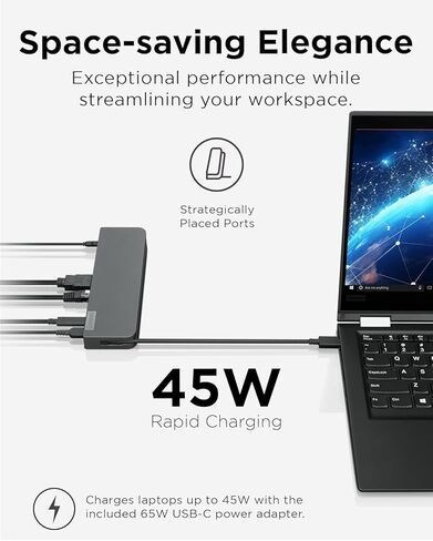 قاعدة شحن Lenovo 7 في 1 USB-C، محطة إرساء محمولة، 2 × USB-C، VGA، HDMI 4K، تدعم شاشة مزدوجة، منفذ إيثرنت، توصيل طاقة 65 وات، لأجهزة ThinkPad وLatitude وProBook وEliteBook وMacBook Laptop in Kuwait