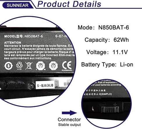 N850BAT-6 62Wh استبدال بطارية لأجهزة الكمبيوتر المحمول CLEVO N870 N870HK Z6-KP Z6-KP5GT Z7M-KP Z7M-KP7G1 T58-T1 T6TI Series 6-87-N850S-6E71 6-87-N850S-4U41 5500 مللي أمبير 11.1 فولت in Kuwait