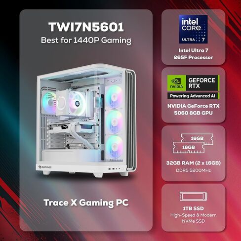 iBUYPOWER Trace Gaming PC Desktop Computer Intel Core Ultra 7 265F CPU, NVIDIA GeForce RTX 5060 8GB GPU, 32GB DDR5 5200MHz RAM, 1TB NVMe SSD, Windows 11 Home, Gamer Keyboard and Mouse - TWI7N5601 in Kuwait