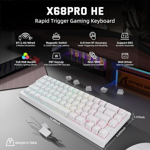 لوحة مفاتيح الألعاب ATTACK SHARK X68 PRO HE اللاسلكية ذات التشغيل السريع مع تشغيل قابل للتعديل، معدل الاقتراع 8K، مفتاح مغناطيسي لتأثير القاعة، ماوس ألعاب لاسلكي خفيف الوزن X2 - أبيض in Kuwait