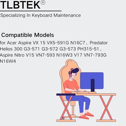 استبدال لوحة المفاتيح الخلفية TLBTEK متوافق مع Acer Aspire VX 15 VX5-591G N16C7، Predator Helios 300 G3-571 G3-572 G3-573 PH315-51، Aspire Nitro V15 VN7-593 N16W3 V17 VN7-793G N16W4 in Kuwait