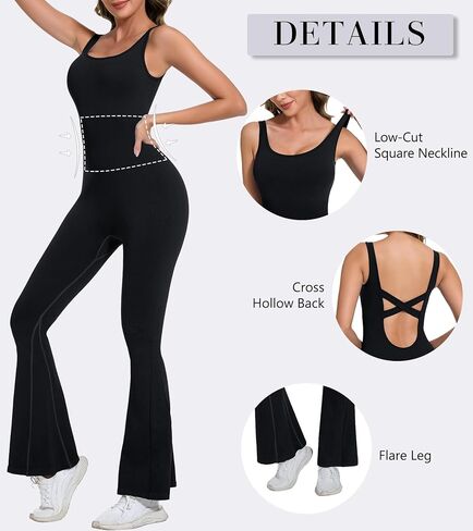Jumpsuits for Women One Piece Workout Tummy Control Square Neck Sleeveless Flare Backless Outfits in Saudi Arabia