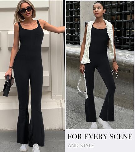 Jumpsuits for Women One Piece Workout Tummy Control Square Neck Sleeveless Flare Backless Outfits in Saudi Arabia