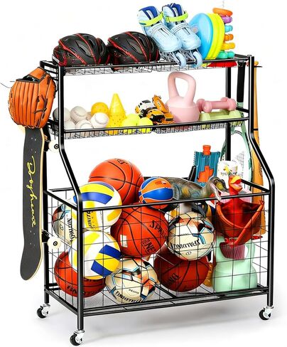 Garage Sports Equipment Organizer, Ball Storage Rack, Ball Storage Garage, Garage Organizer, Rolling Sports Ball Storage Cart, Black, Steel in Kuwait