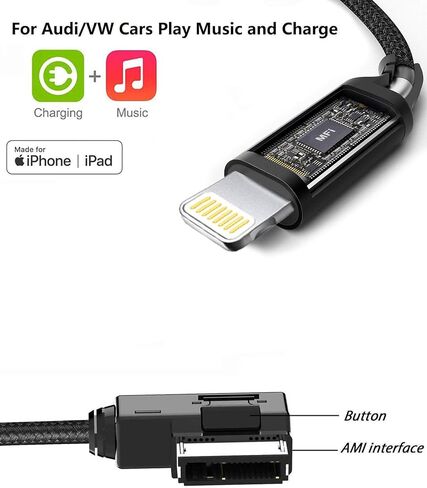 كابل AMI MMI Aux لهاتف iPhone 14 13 12 11 X 8 7، سلك مضفر من النايلون لشحن صوت السيارة متوافق مع Audi A3/A4/A5/A6/A8/S4/S6/S8/TT، دونجل محول واجهة MDI Aux لسيارة VW Tiguan CC Magotan (3.3FT) in Kuwait