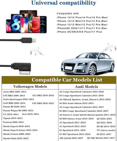 كابل AMI MMI Aux لهاتف iPhone 14 13 12 11 X 8 7، سلك مضفر من النايلون لشحن صوت السيارة متوافق مع Audi A3/A4/A5/A6/A8/S4/S6/S8/TT، دونجل محول واجهة MDI Aux لسيارة VW Tiguan CC Magotan (3.3FT) in Kuwait