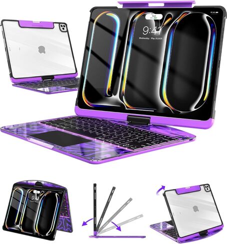 حافظة لوحة مفاتيح لاسلكية لجهاز iPad Pro 13 بوصة (M5/M4، 2025/2024)، غطاء حماية شفاف مع لوحة مفاتيح بإضاءة خلفية بـ 7 ألوان، حامل دوار 360 درجة، لوحة تتبع متعددة اللمس وحامل أقلام، أرجواني in Kuwait