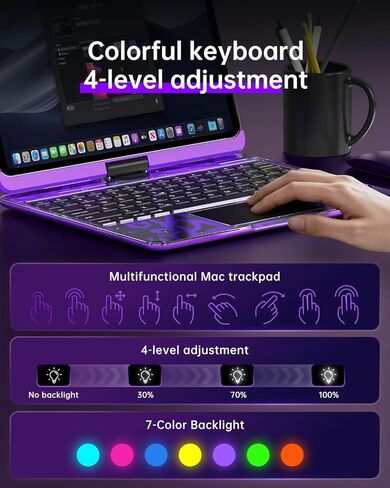 حافظة لوحة مفاتيح لاسلكية لجهاز iPad Pro 13 بوصة (M5/M4، 2025/2024)، غطاء حماية شفاف مع لوحة مفاتيح بإضاءة خلفية بـ 7 ألوان، حامل دوار 360 درجة، لوحة تتبع متعددة اللمس وحامل أقلام، أرجواني in Kuwait
